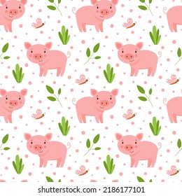 Cute seamless pattern with funny little pigs standing on a meadow. Comic print with farm animals piglets for kids textile