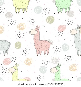 Cute seamless pattern with funny llama. vector illustration.