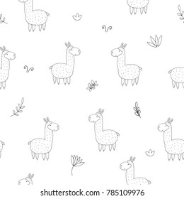 Cute seamless pattern with funny llama. vector illustration.