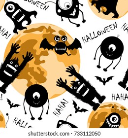 Cute seamless pattern with funny monsters and moons.Halloween fun background.Textile texture for kids.