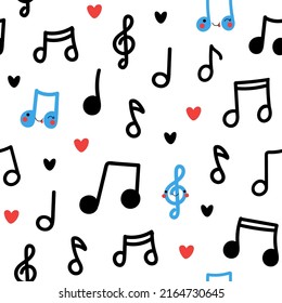 Cute seamless pattern with funny musical notes characters on white background. Vector backdrop illustration hand drawn in doodle style