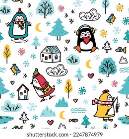 Cute seamless pattern with funny penguins. Kawaii baby animals in a winter forest on the coast of Antarctica. Simple colorful print hand drawn in doodle style for kids textile, wallpapers, packaging