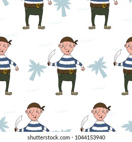 Cute seamless pattern with funny pirate. vector illustration.