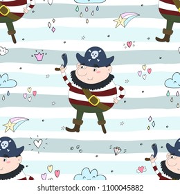 Cute seamless pattern with funny pirate. vector illustration.