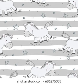 Cute seamless pattern with funny pony. vector illustration.