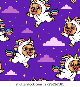 Lindo patrón sin fisuras con divertido perro pug vestido como unicornio, volando sobre fondo púrpura con nubes y estrellas. Ilustración colorida de la historieta para el diseño de los niños, la tela, el Fondo de pantalla y las impresiones.