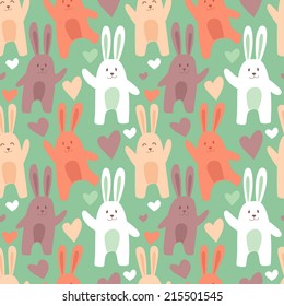 Cute seamless pattern with funny rabbits and heart shapes