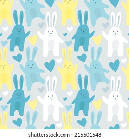 Cute seamless pattern with funny rabbits and heart shapes
