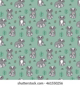Cute seamless pattern with funny raccoons