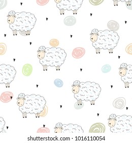 Cute seamless pattern with funny sheep. vector illustration.