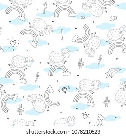 Cute seamless pattern with funny sheep. vector illustration