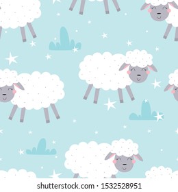 Cute seamless pattern with funny sheep. vector illustration