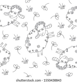 Cute seamless pattern with funny sheep. vector illustration. Cute vector illustration template of funny sheep for coloring, linear drawing. Fluffy animal fur background textile. Doodle element
