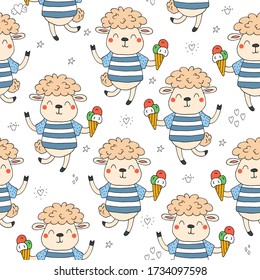 Cute seamless pattern with funny sheep. vector illustration