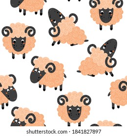 Cute seamless pattern with funny sheep. Adorable little lamb character. Simple vector illustration.