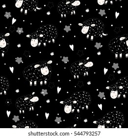 Cute seamless pattern with funny sheep. vector illustration.