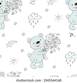 Cute seamless pattern with funny teddy bear. vector illustration.