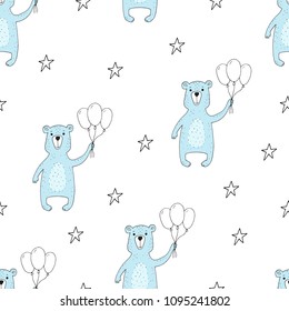 Cute seamless pattern with funny teddy bear. vector illustration