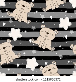 Cute seamless pattern with funny teddy bear. vector illustration