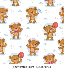 Cute seamless pattern with funny teddy bear. vector illustration