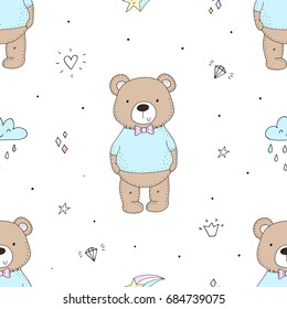 Cute seamless pattern with funny teddy bear. vector illustration.