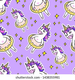 cute seamless pattern with funny unicorn and donut. endless background, vector illustration