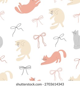 Lindo patrón sin fisuras con varios gatos divertidos y arcos. Fondo de Vector para el diseño de los niños