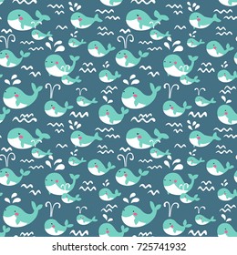 Cute seamless pattern with funny whales in pastel colors 