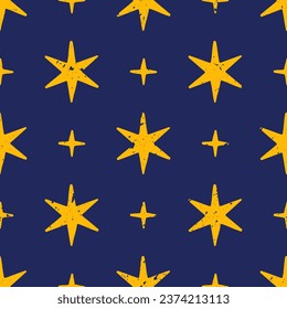 Patrón impecable con estrellas amarillas divertidas y giros en un fondo azul profundo. Decoración chilena de Navidad. Ilustración vectorial de estilo dibujado a mano