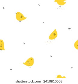 Cute seamless pattern with funny yellow chicken birds. Holiday Easter paper, gift wrapping, design