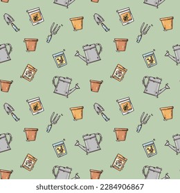 cute seamless pattern of garden tools and plants. Gardening or horticulture colorful concept. Design elements for print, packaging or stickers. Vector illustration.