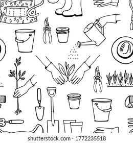 Cute seamless pattern with gardening elements. Gardener's clothing, tools, and seedlings. Black outline, sketch on a white background, vector.