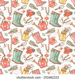 Cute seamless pattern with gardening icons