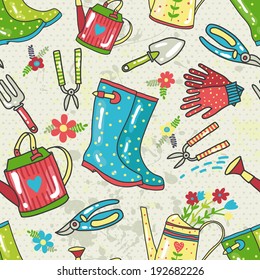 Cute seamless pattern with gardening icons