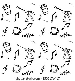 Cute seamless pattern with gazer coffee makers, cups and text. Seamless pattern with different breakfast elements on white background. For cafe and restaurants menu. Coffee background.
