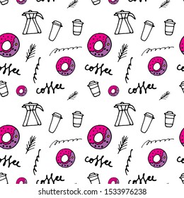 Cute seamless pattern with gazer coffee makers, cups and colorful donut. Seamless pattern with different breakfast elements on white background. For cafe and restaurants menu. Coffee background.