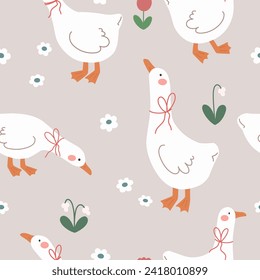 Cute seamless pattern with cute geese in flowers. Vector illustration.