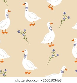 Cute seamless pattern with geese and forget-me-not flowers in blue background. Spring summer background. Good for printing and wrapping.
