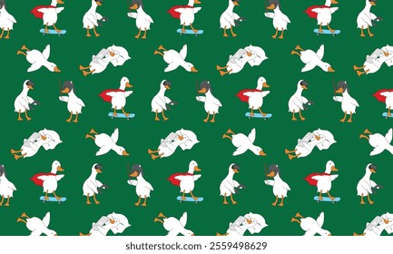 cute seamless pattern with geese. The goose plays with virtual reality glasses, rides a skateboard, and fights with a lightsaber.