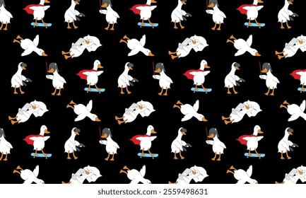 cute seamless pattern with geese. The goose plays with virtual reality glasses, rides a skateboard, and fights with a lightsaber.