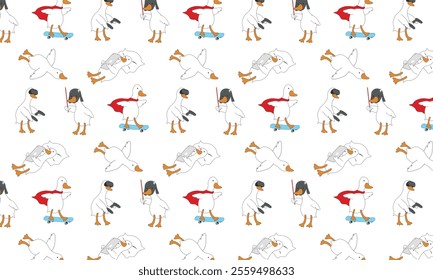 cute seamless pattern with geese. The goose plays with virtual reality glasses, rides a skateboard, and fights with a lightsaber.