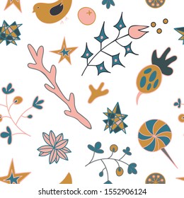 Cute seamless pattern, gentle colors, white background. Textured with curls, flowers, plants, leaves, sweets,berry, stars
corals, lines and abstract elements. Kids lovely design in blue,
mustard, pink