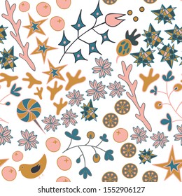 Cute seamless pattern, gentle colors, white background. Textured with curls, flowers, plants, leaves, sweets,berry, stars
corals, lines and abstract elements. Kids lovely design in blue,
mustard, pink