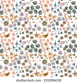 Cute seamless pattern, gentle colors, white background. Textured with curls, flowers, plants, leaves, sweets,berry, stars
corals, lines and abstract elements. Kids lovely design in blue,
mustard, pink