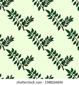 Cute seamless pattern. Gentle hand drawn green olive twigs isolated on a white background. Vector green branch frame. Retro style Delicate green sketched floral wreath. Illustration without text.