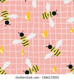 Cute Seamless pattern of gently pastel pink, with uneven pencil cage and with little bees on top. Flying bees, flap their wings, collect the current drops of yellow honey.