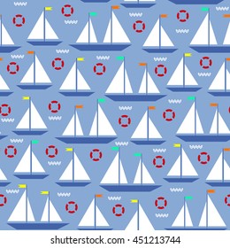 Cute seamless pattern with geometric sailboats. Ships with colorful flags and lifebuoys on the water on blue background.