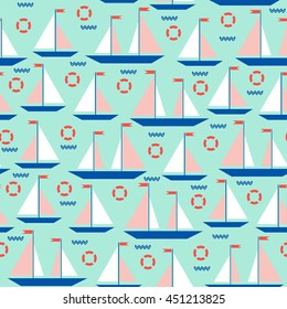 Cute seamless pattern with geometric sailboats. Ships with red flags and lifebuoys on the water on green background.