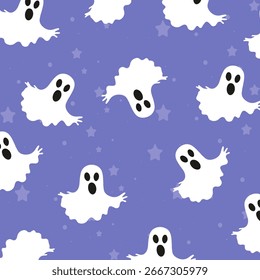 Cute seamless pattern with ghosts on blue background. Design of children's products, wrapping paper, children's wallpaper. Vector illustration.