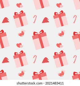 Cute seamless pattern with gift boxes, heart, lollipops, Santa hats and sock. Cute background. Vector illustration for printing on fabric, postcard, wrapping paper, gift products, wallpaper.
